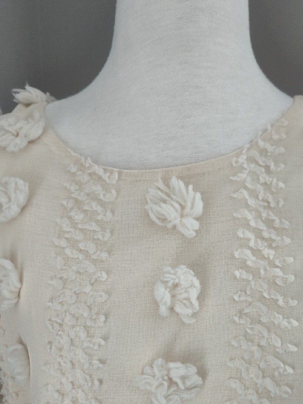 Entro Cream Textured Lined Mini Dress with Floral Appliqués And Bell Sleeves - Picture 7 of 16